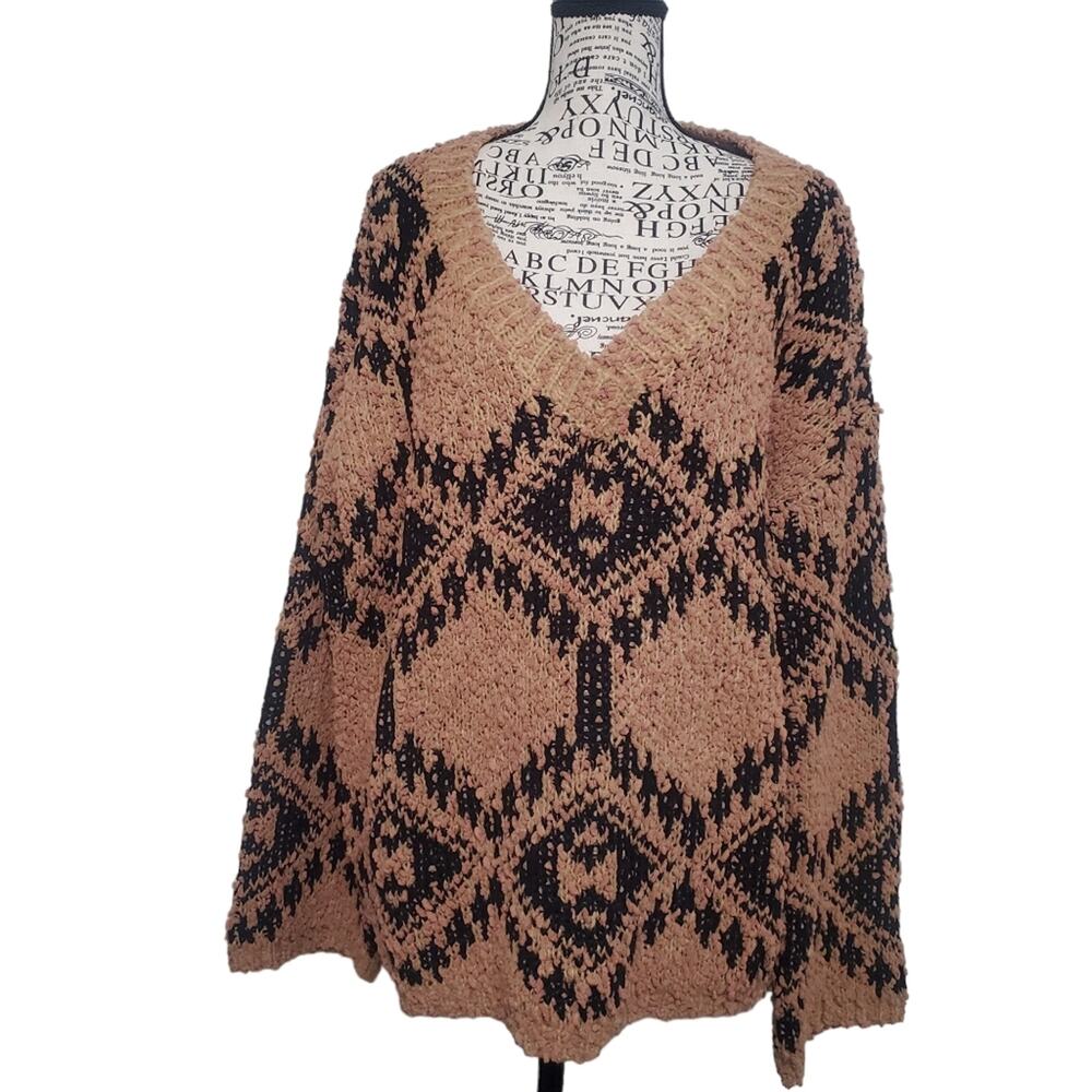 Miss Sparkling Long Sleeve V Neck Sweater Brown Black Southwest Print Large